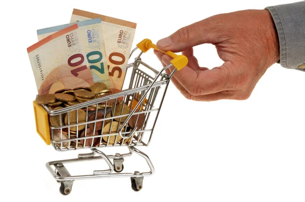 Conceito Poder Compra Com Carrinho Supermercado Cheio Euros Sendo Empurrado — Fotografia de Stock