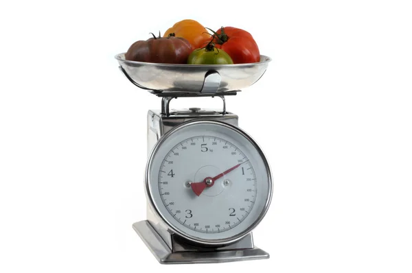 Tomatoes Different Colors Kitchen Scale Close White Background — Stock Photo, Image