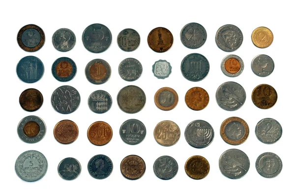 Монети Різних Країн Крупним Планом Білому Тлі — стокове фото