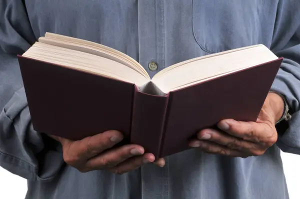 Een Open Boek Met Een Rode Omslag Hand Close — Stockfoto