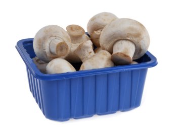 Beyaz arkaplanda izole edilmiş mavi plastik mantarlar.