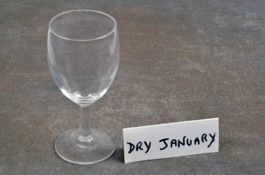 Dry January concept with an empty wine glass and text on a card on a gray background  clipart