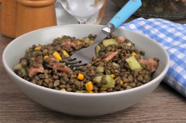 Bir tabak Puy mercimek salatası, çeşitli malzemeler ve çatal yakın çekim.