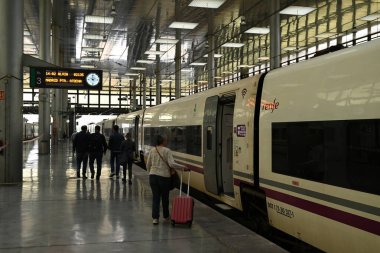 Gezginler trenlerini yakalamak için Cadiz tren istasyonunda yürüyorlar.