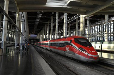 Madrid Atocha İstasyonu 'nun platformunda yürüyen yolcular sabit bir Iryo treniyle