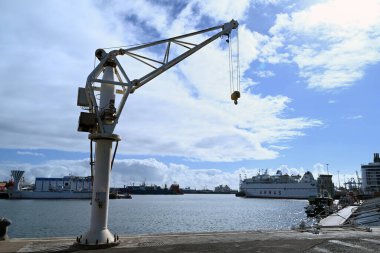 Las Palmas de Gran Canaria limanındaki vinç. Armas nakliye şirketinden bir feribot arka planda demirlemiş.