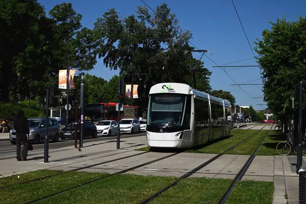 Orizo d 'Avignon toplu taşıma tramvayı Saint-Roch Bulvarı boyunca ilerliyor.