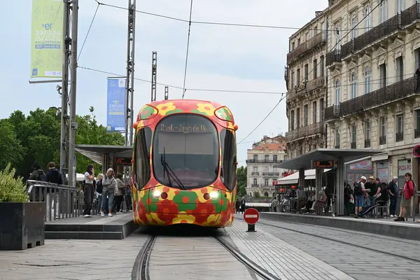 Montpellier toplu taşıma tramvayı Comedie Square istasyonunda duruyor