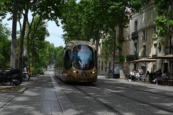Montpellier bir şehir caddesinde toplu taşıma tramvayı