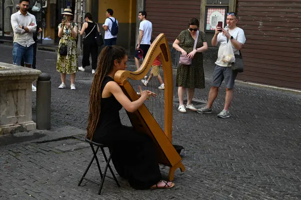 Yukarı kasabadaki Bergamo 'da turistlerin önünde arp çalan genç bir kadın.
