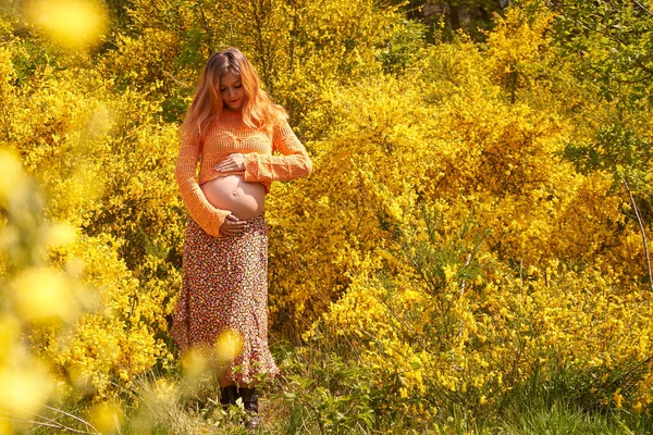 Mujer Embarazada Joven Tocando Mirando Vientre Cuidando Salud Embarazo Maternidad — Foto de Stock