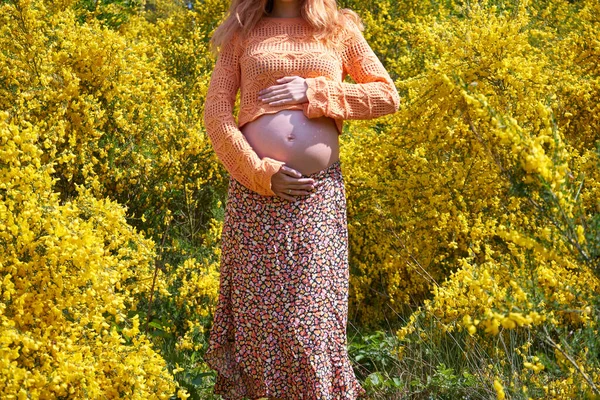 Primer Plano Joven Embarazada Tocando Vientre Cuidando Salud Concepto Embarazo — Foto de Stock