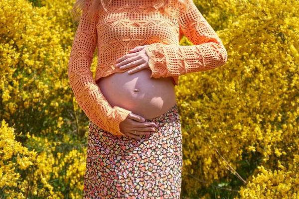 Крупный План Молодой Беременной Женщины Трогающей Живот Заботящейся Своем Здоровье — стоковое фото