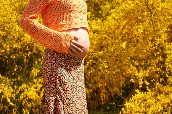 Primer Plano Joven Embarazada Tocando Vientre Cuidando Salud Concepto Embarazo — Foto de Stock