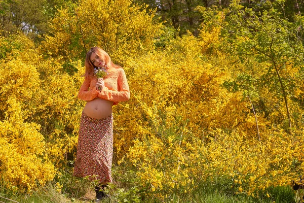 Mujer Embarazada Joven Tocando Mirando Vientre Cuidando Salud Embarazo Maternidad — Foto de Stock