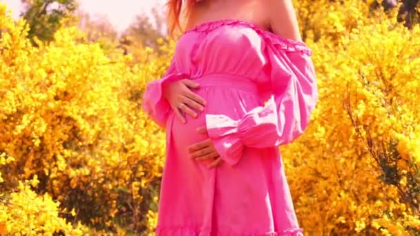 Kobieta Ciąży Różowej Sukience Gospodarstwa Głaskanie Jej Brzuch Gdy Stoi — Wideo stockowe