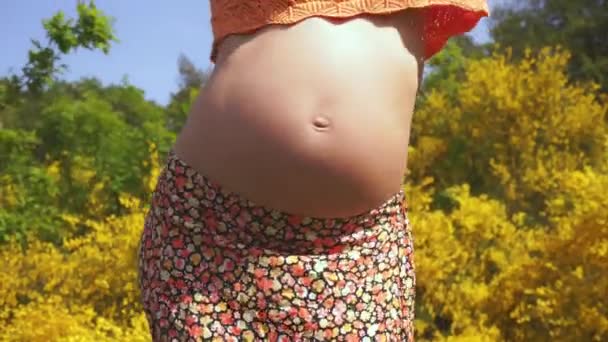 Aktywna Ciąża Close Nagi Brzuch Ciężarnej Kobiety Której Szczęśliwy Dynamiczny — Wideo stockowe