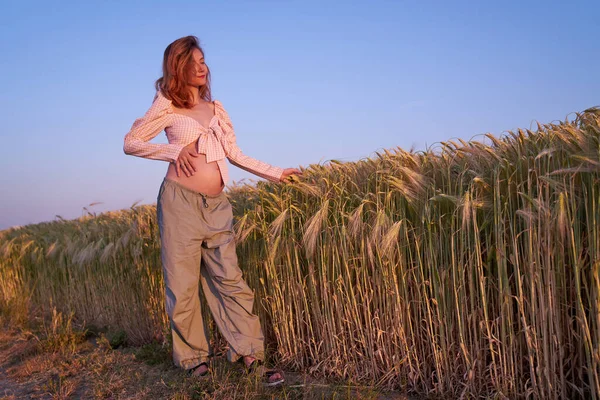 Una Mujer Embarazada Sostiene Estómago Medio Campo Trigo Una Chica — Foto de Stock