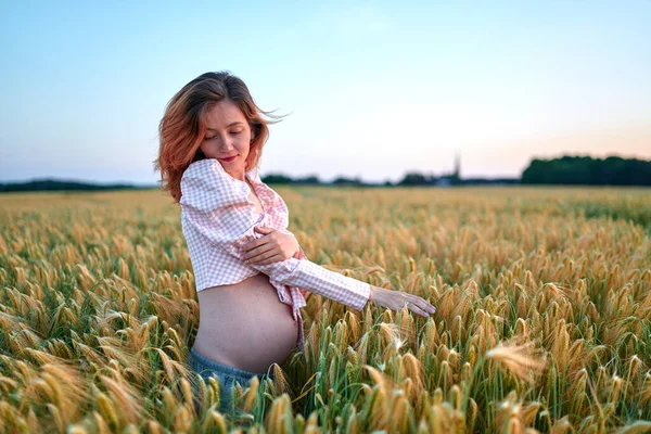 Una Mujer Embarazada Sostiene Estómago Medio Campo Trigo Una Chica — Foto de Stock