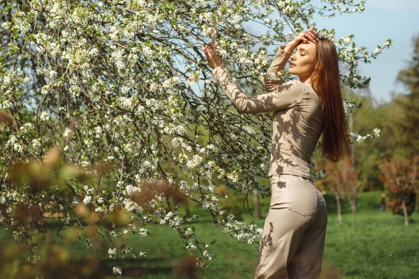 Porträt Der Schönen Mädchen Posiert Kirschblütengarten — Stockfoto
