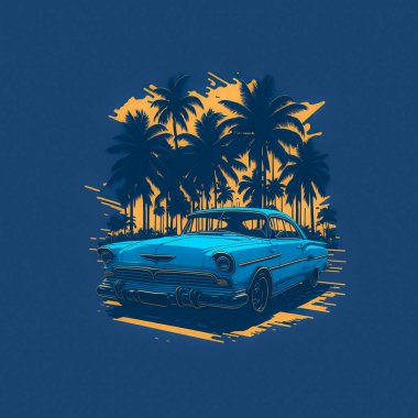 t-shirt design retro car on sunset with palm trees  clipart