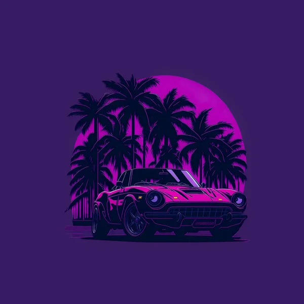 Shirt Design Sport Car Sunset Palm Trees Neon Lights — Stock Vector