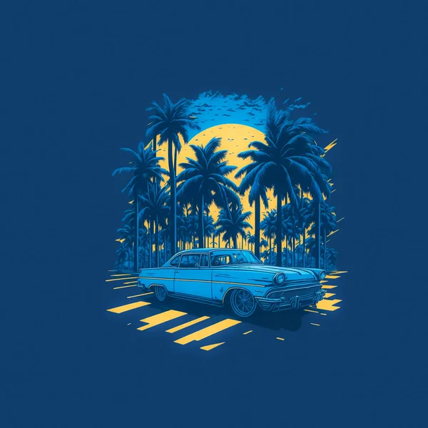 日落时带有棕榈树的T恤衫设计复古车 — 图库矢量图片