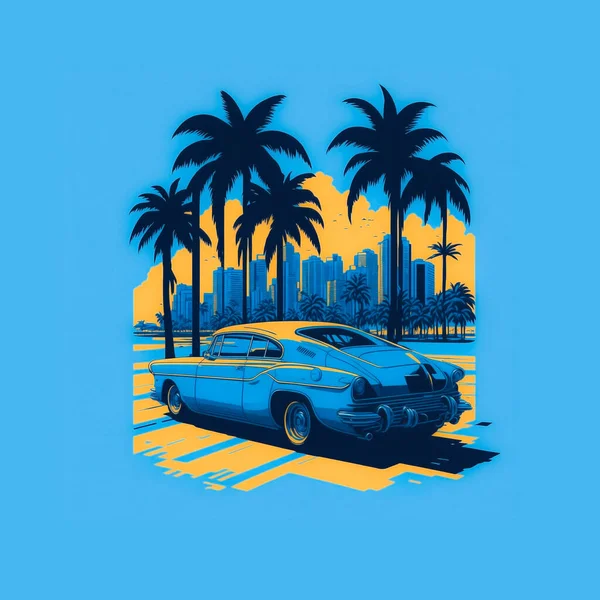有棕榈树和刮胡刀的日落时T恤衫设计复古汽车 — 图库矢量图片