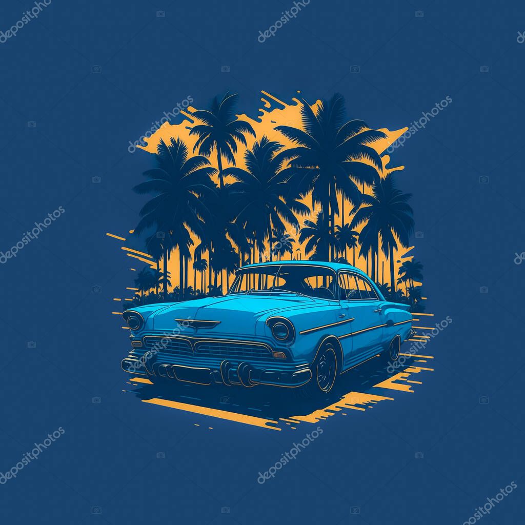 T-shirt design retro car on sunset with palm trees