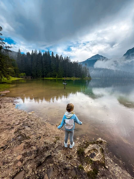 Fille Ans Regardant Sur Beau Lac Avec Des Montagnes Arrière — Photo