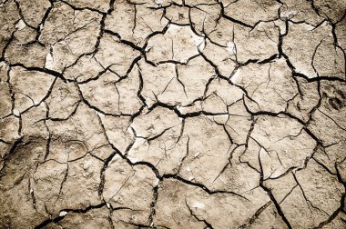 Bitki örtüsü olmayan çatlak bir arazi. Kaba, kuru toprak, kuraklıktan etkilenmiş.