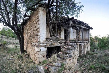 Makedonya 'nın Govrlevo kentindeki doğaya bırakılmış yeşillikle kaplanmış harap olmuş eski evler. Üsküp 'ün başkenti.