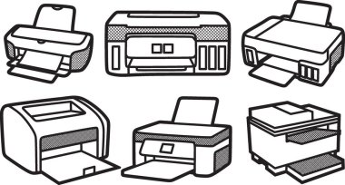 Altı siyah beyaz yazıcı resmi koleksiyonu, siyah beyaz çizgi sanatı, basit vektör