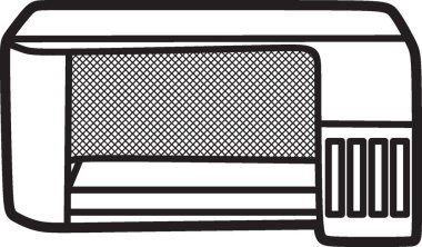 Tümleşik mürekkep tankları olan bir yazıcının vektör görüntüsü, basit siyah ve beyaz çizgiler, ön görünüm