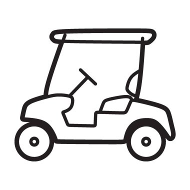 Siyah beyaz çizgiler, basit bir golf arabasının yan görüntüsü.