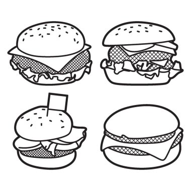 Basit siyah beyaz çizgi çizim koleksiyonu, fast food