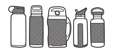 Beş su şişesi resmi, siyah beyaz çizgi sanatı, vektör,