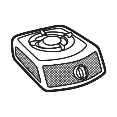 Siyah ve beyaz vektörler, çizgi sanatı, tek yakıcı gaz sobası yana yatık.