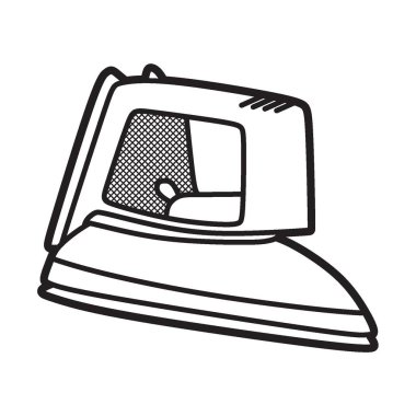 black and white drawing, line art, simple stainless steel electric iron facing right clipart