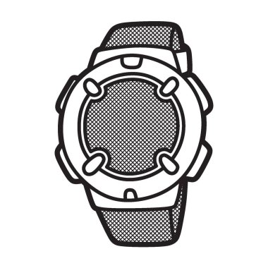 siyah ve beyaz vektör görüntüsü, soğuk yuvarlak dijital saat, koyu cam, ön tarafa bakıyor.