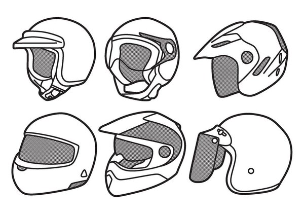 black and white vector image, six motorcycle helmets, head protection
