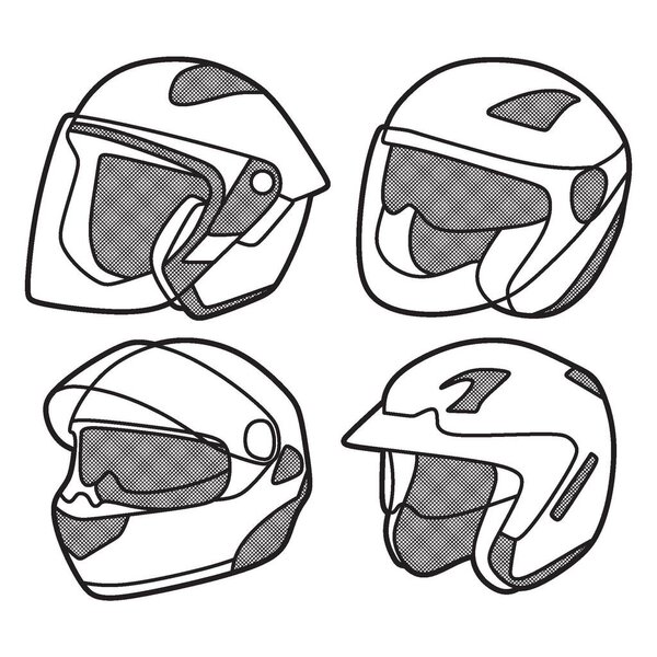 black and white vector image, four motorcycle helmets, head protection