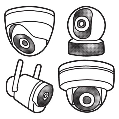 Siyah beyaz vektör, dört CCTV güvenlik kamerası.
