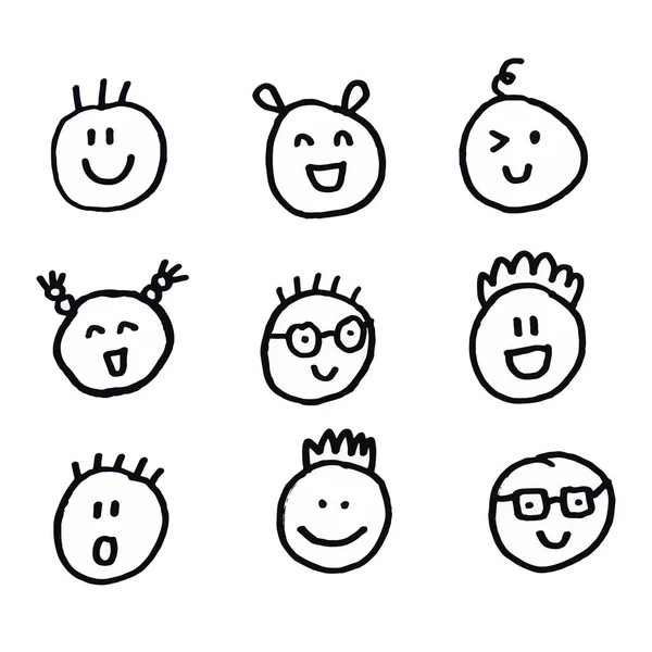 Conjunto Rosto Sorriso Emoji Doodle Mão Desenhada Criança Engraçado Desenhos — Fotografia de Stock