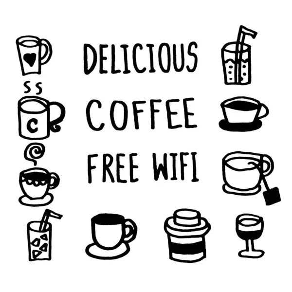 Coffee Cup Set of Coffee Doodle Art Hand drawn , Coffee Shop Decoration Icon , With word Delicious , Free Wifi