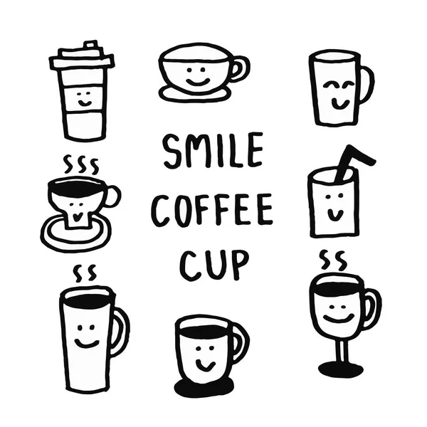 Uśmiech Filiżanka Zestaw Kawy Doodle Art Ręcznie Rysowane Ikona Dekoracja Obraz Stockowy