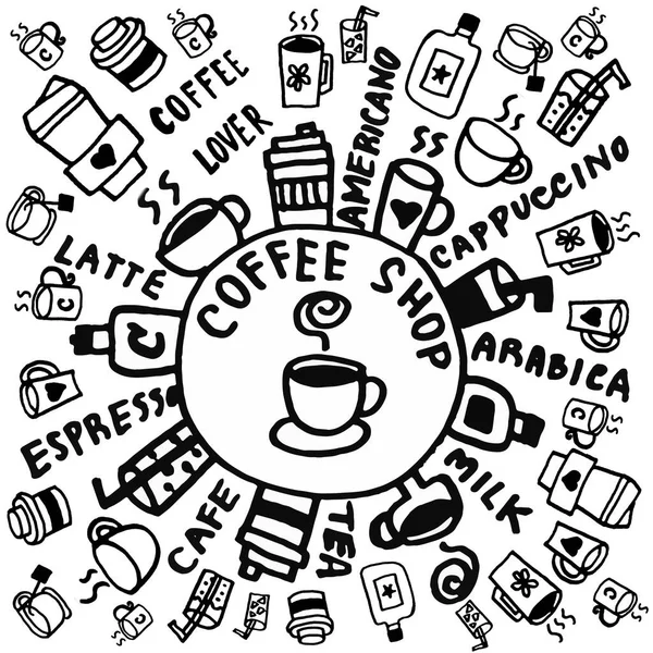 Collectie Van Koffie Doodle Art Hand Getekend Coffee Shop Decoratie — Stockfoto