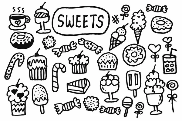 Zestaw Słodkich Doodle Ręcznie Rysowane Cukierki Lody Pączek Ciasto Piekarnia — Zdjęcie stockowe