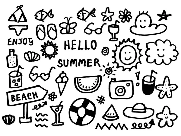 Hello Summer Set Doodle Cartoon Hand Drawn Cute Icon — Stock Photo, Image