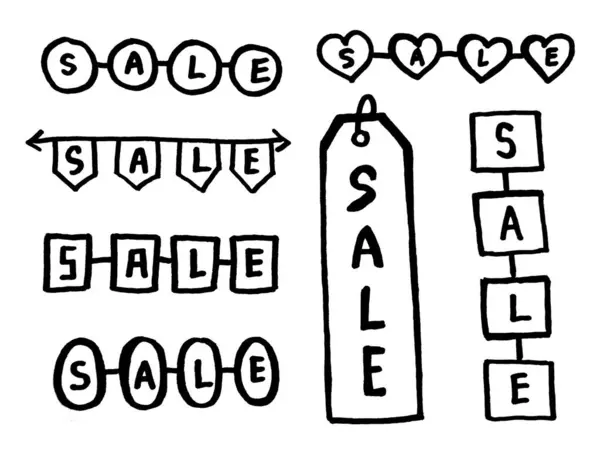 Venda Doodle Ícone Desenhado Mão Conjunto Texto Compras Isolado — Fotografia de Stock